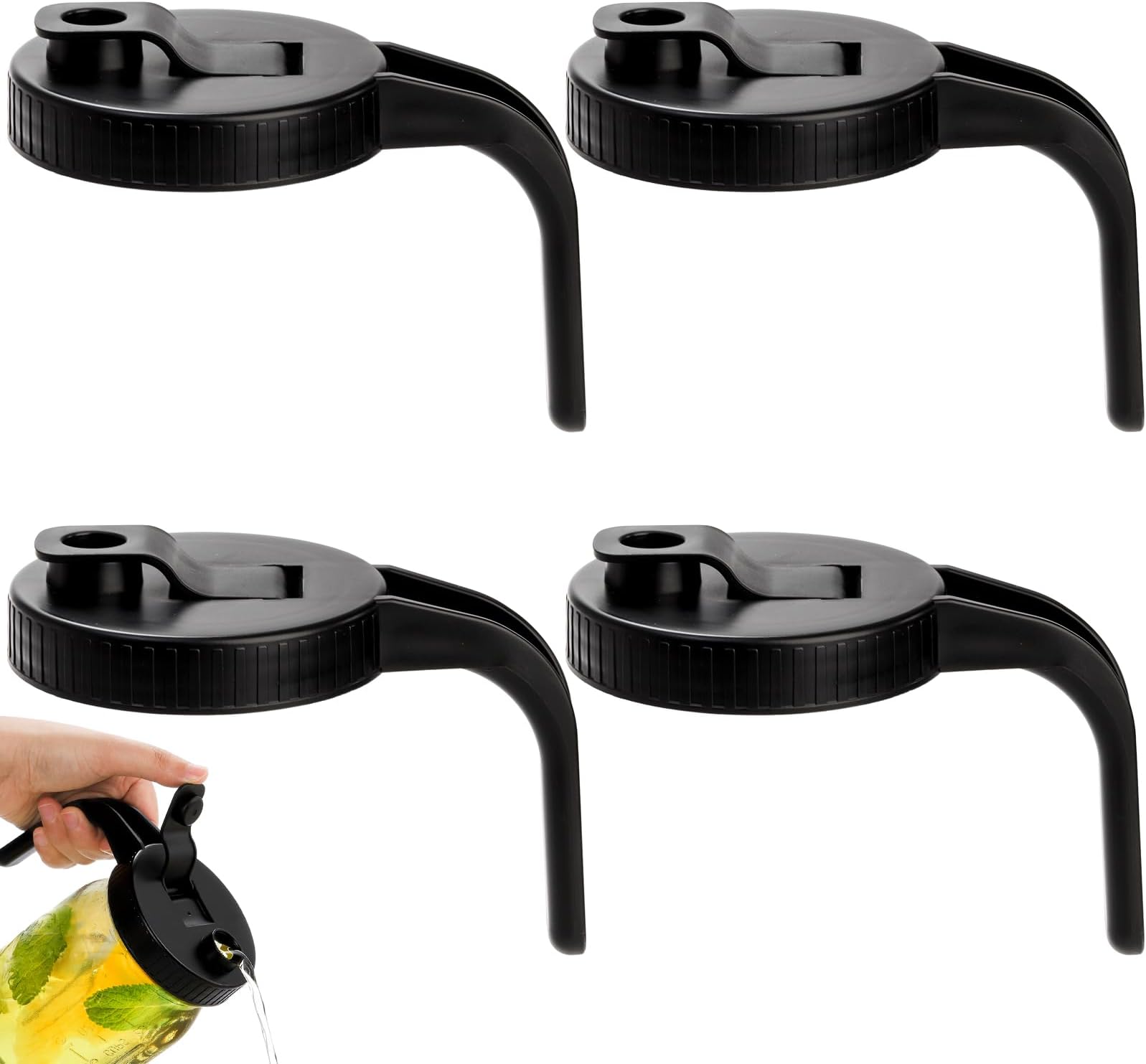 Tebery 4 Pack Wide Mouth Pour Top Mason Jar Pitcher Lids with Handle, Plasic Mason Jar Pour Spout Lid Pourer Reusable Canning Lids for Drink,Pour,Sip | Airtight & Leakproof Seal