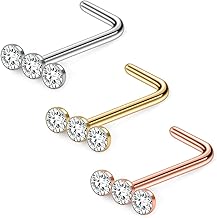 Ruifan 20G Surgical Steel Triple Linear Gem Ball Round Diamond CZ Nose Stud Rings L Shaped Piercing Jewelry 3PCS