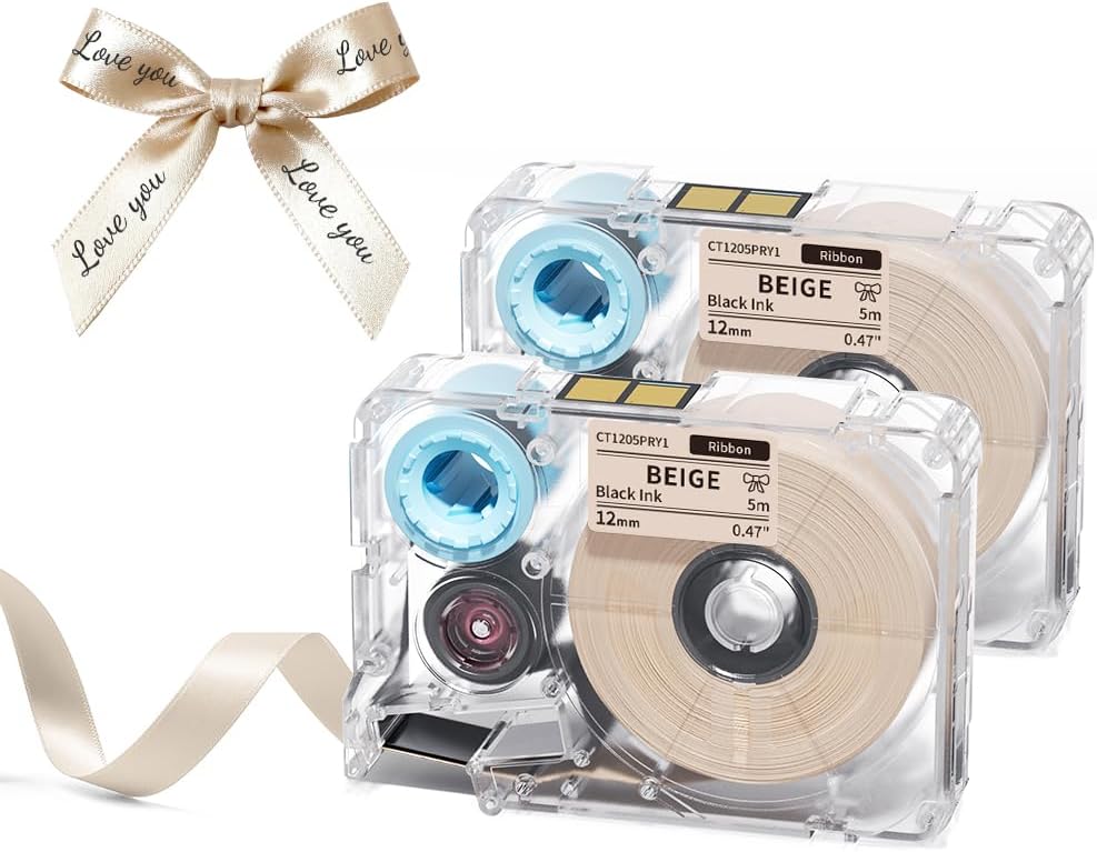 Phomemo A30 P15 Exclusive Embellish Black Print on Beige Satin Ribbon, Fabric Ribbons for Gift Wrapping, Wedding Bouquets, DIY Crafts, Valentine's Day, Party Decor, 12mm x 5m, 2 Packs