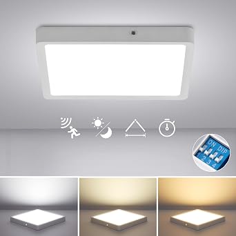 Combuh 18 W LED Ceiling Light with Motion Sensor Indoor 22.5 cm Ceiling Light with Twilight Sensor Warm White Neutral White and Cool White 230 V Lamp for Hallway Staircase and Toilet [Energy Class E]
