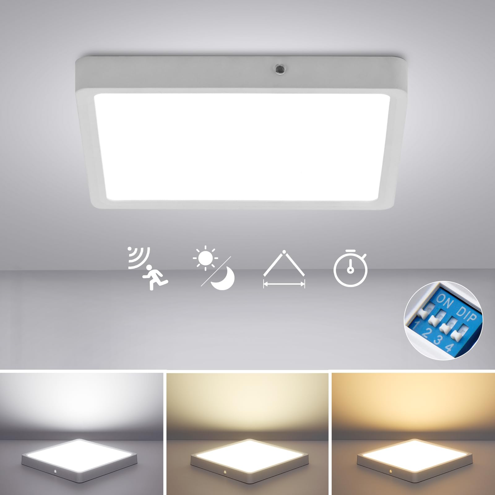 Combuh Plafón LED Techo con Sensor Movimiento y Sensor Crepuscular, 18W 1800LM Lámpara de Techo con Ajustes de Tiempo, 3000K~6000K Moderna Cuadrada Plafón con Sensor para Pasillo Garaje Sótano Ø22,5CM