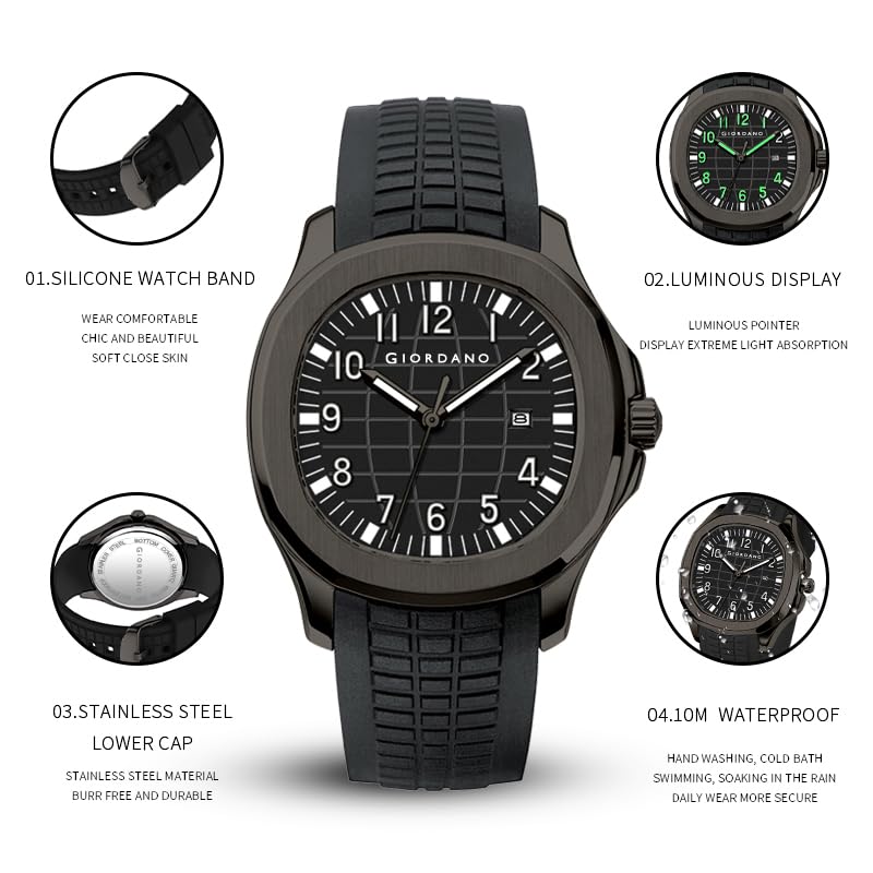 Image of GIORDANO Analog Watch for Men - Textured Dial, Stainless Steel Strap, Date Display, Quartz Movement, Water Resistant