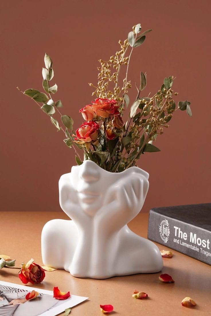 Face Vase – Modern Plaster Sculptural Bust Flower Vase for Home Decor, Unique White Statue Planter for Living Room, Office, Shelf, or Table Display