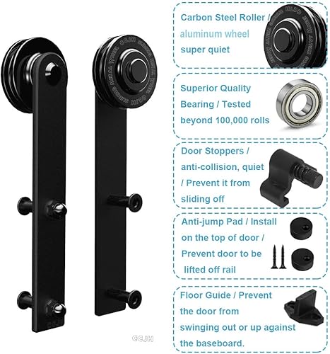 Miniatura 5 de Kit de herrajes para puerta corrediza de granero de 4 pies, suspensión de acero al carbono, rueda de metal, sistema de riel plano ultra silencioso