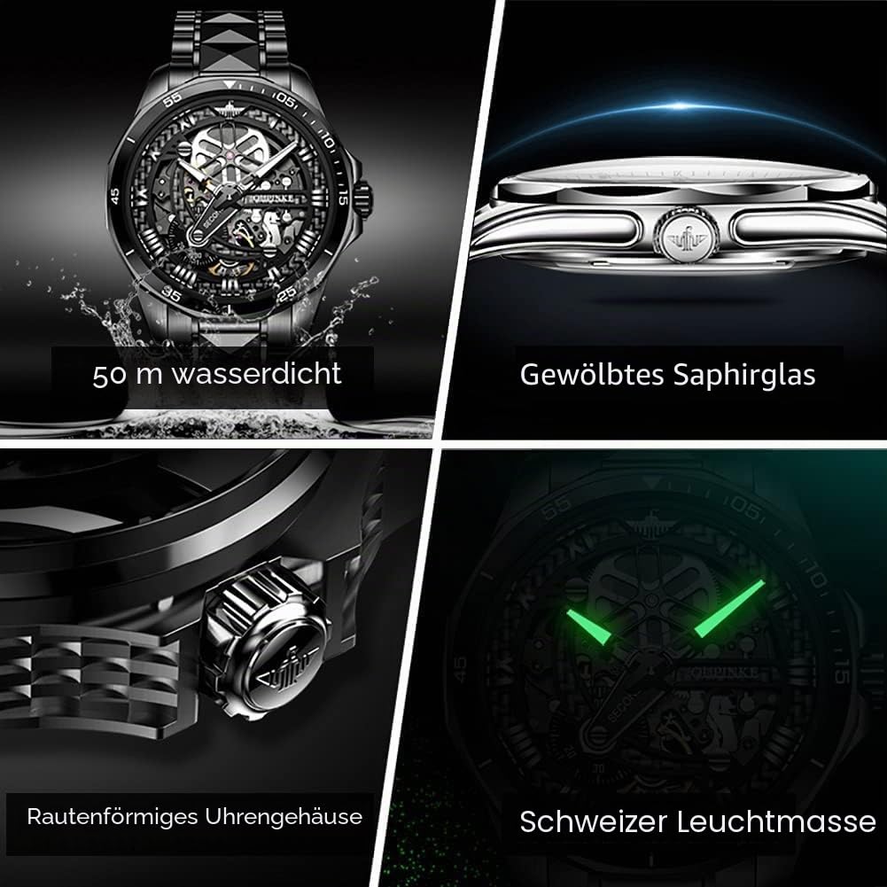 Skeleton Mens Watch Automatic Mechanical Self Winding Luxury Sapphire Crystal Tungsten Steel Waterproof Luminous Dress Wrist Watch