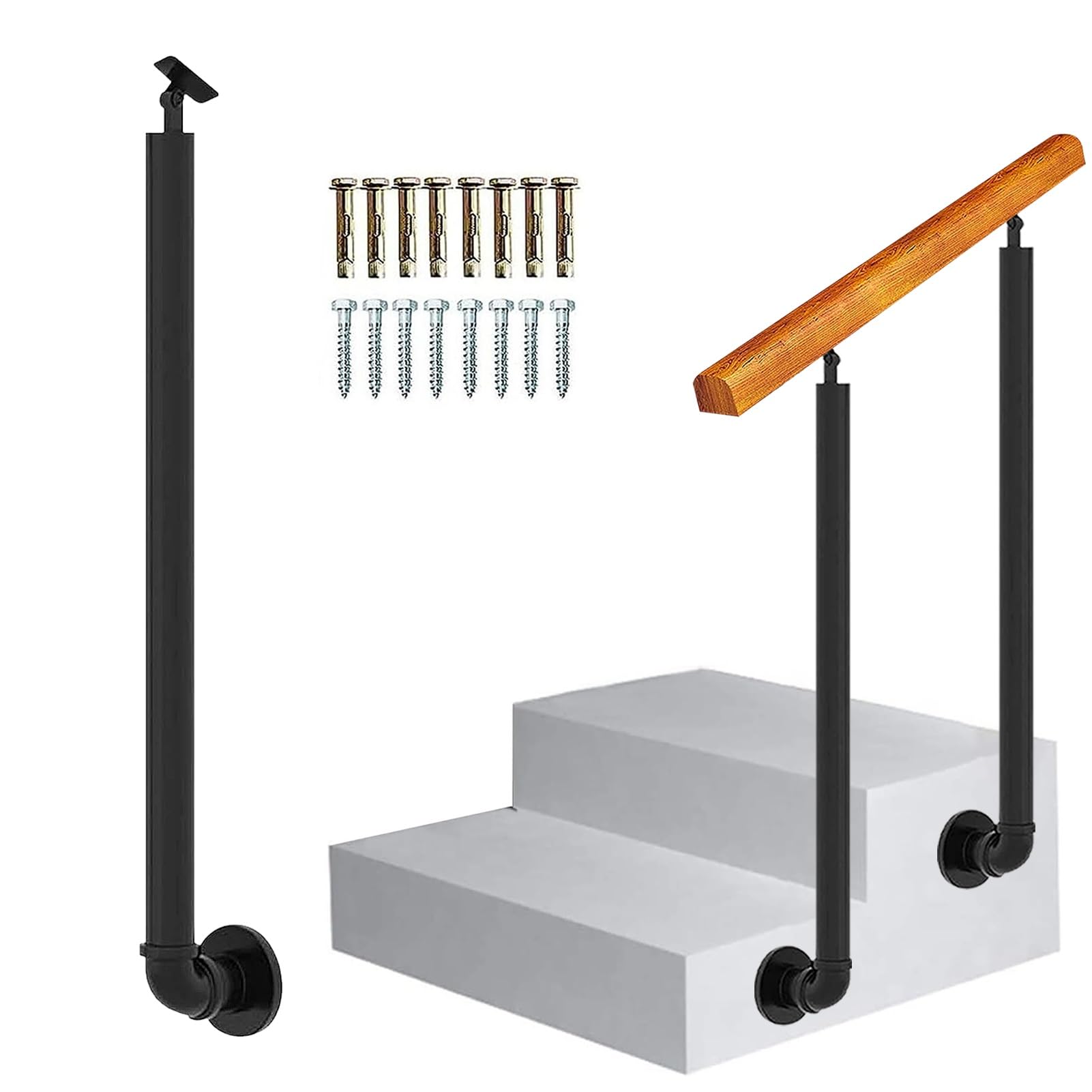 Renmlion Handrails for Outdoor Porch Steps Side Mount Banister Column, Adjustable Wrought Iron Stair Railing Posts Hand Rails with Fittings for Concrete Steps or Wooden Stairs(95cm(37.4in))