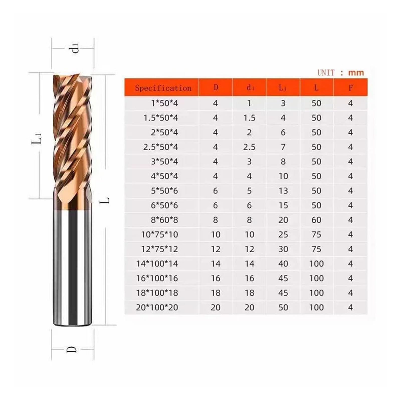 Fresa de carburo SQ de aluminio HRC55 4F 2F, herramienta de corte de acero de tungsteno con revestimiento de corte, herramientas de fresado for mecanizado CNC, fresas de extremo(D1x4Dx3x50L,10PCS)