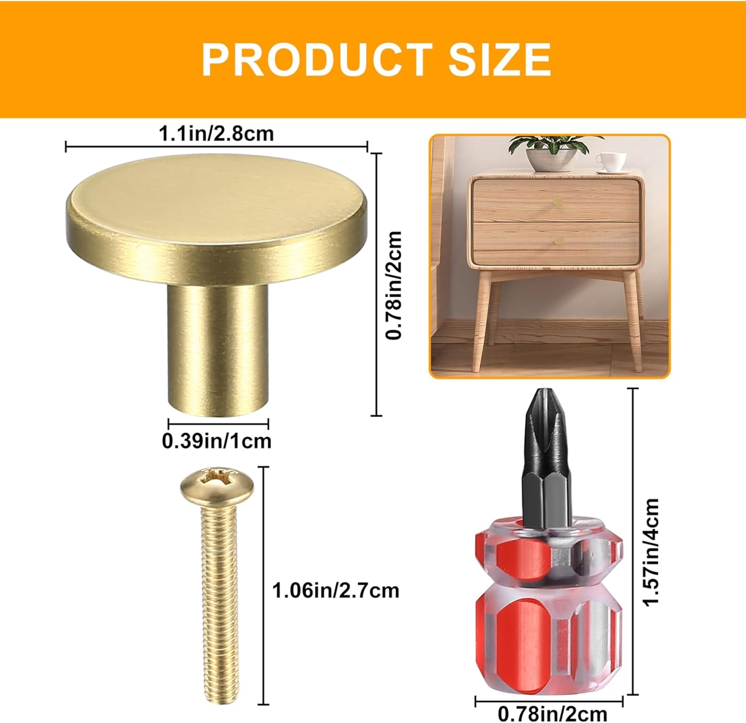 6-Pack of Brushed Brass Cabinet Knobs, 1.1 Inch Golden Knobs, Round Kitchen Cabinet Cupboard Closet Pulls Handles for Furniture Enhancement, Complete with Mini Screwdriver (0.78" x 1.1" -6Pcs)