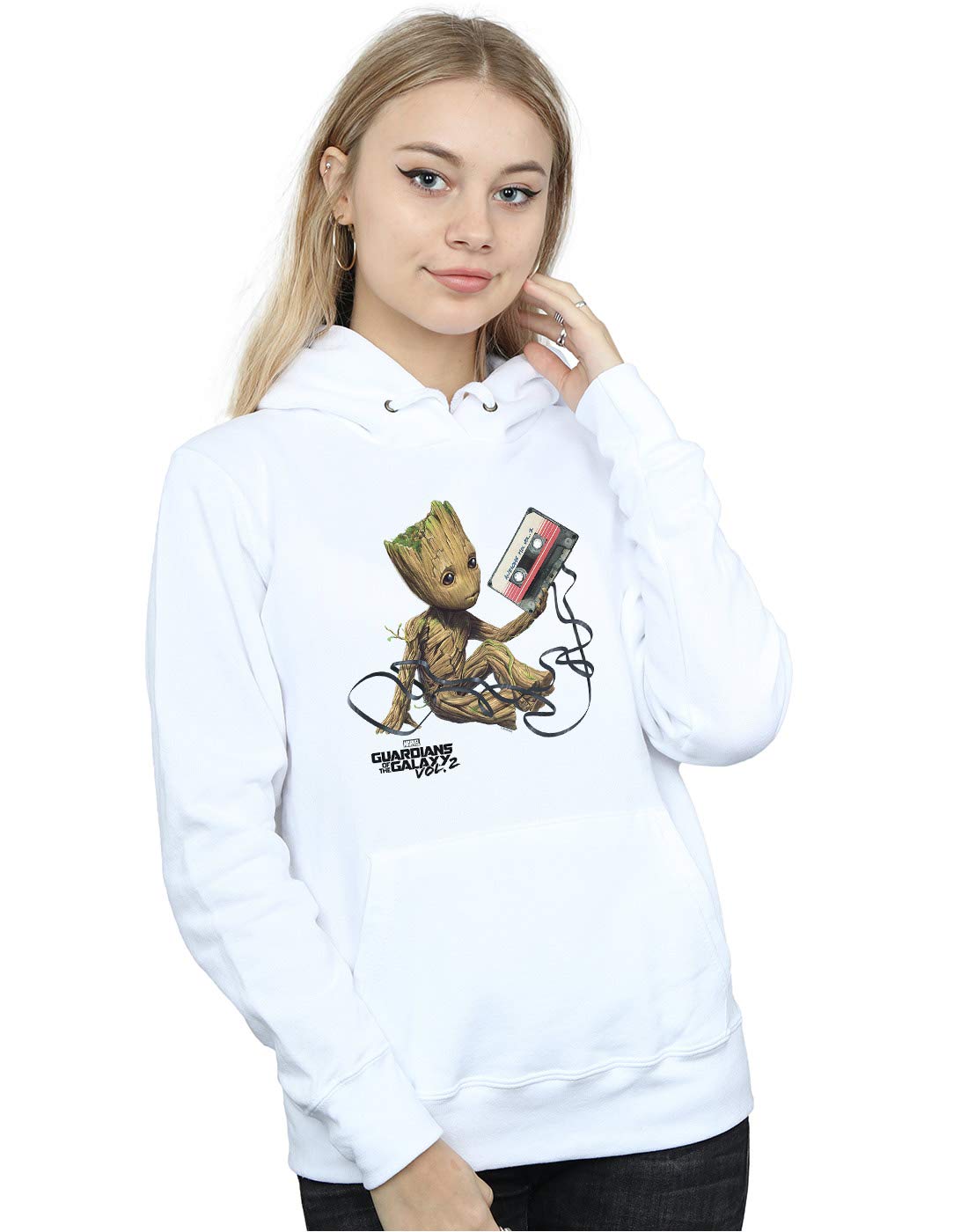 Absolute Cult Women's White Marvel Guardians Of The Galaxy Groot Tape Hoodie Large