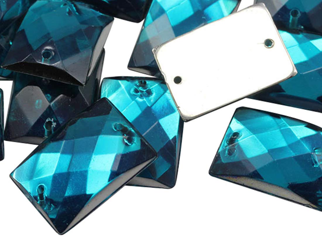Allstarco 14x10mm Blue Aqua CH24 Flat Back Rectangle Sew On Beads for Crafts Plastic Acrylic Rhinestones with Holes for Sewing Clothing Embelishments