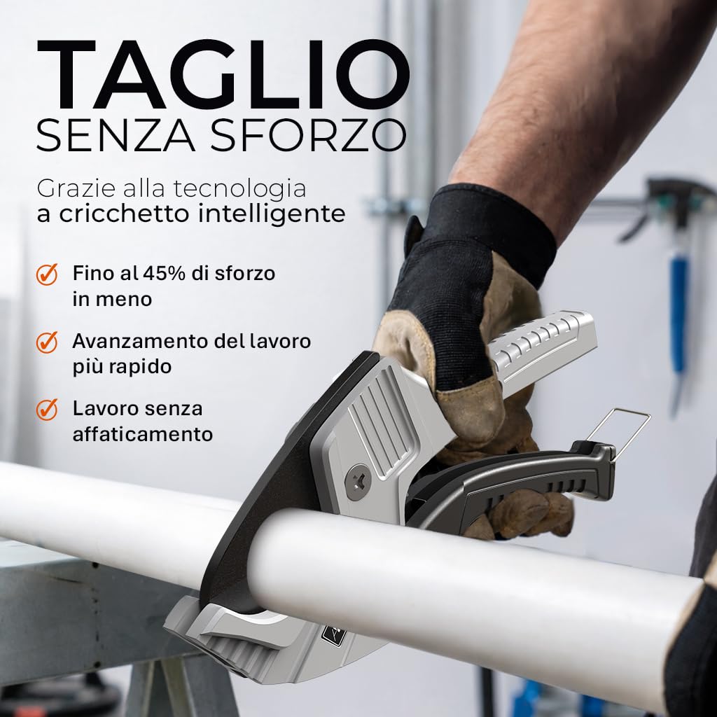 KLRStec Set tagliatubi professionale per tubi in PVC ProSlice 4200 (42 mm / 1-5/8") Tagliatubi a Cricchetto – Include Lama di Ricambio e Custodia in Nylon con Clip