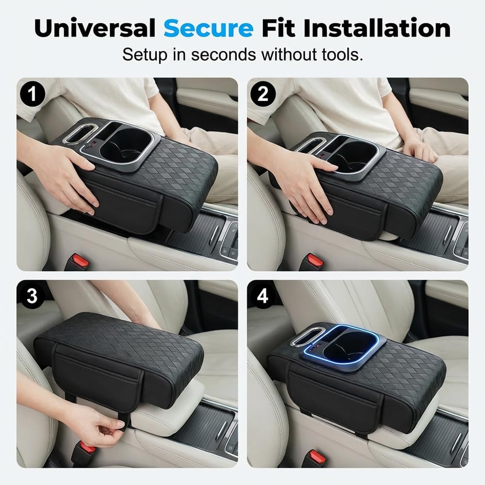 Car Center Console Armrest Pillow, Memory Foam Leather 4 in 1 Vehicle Arm Rest Cover with Tissue Box 2 Side Storage Bag Cup & Phone Holder, Auto Armrest Cushion, Universal Fit (Black)