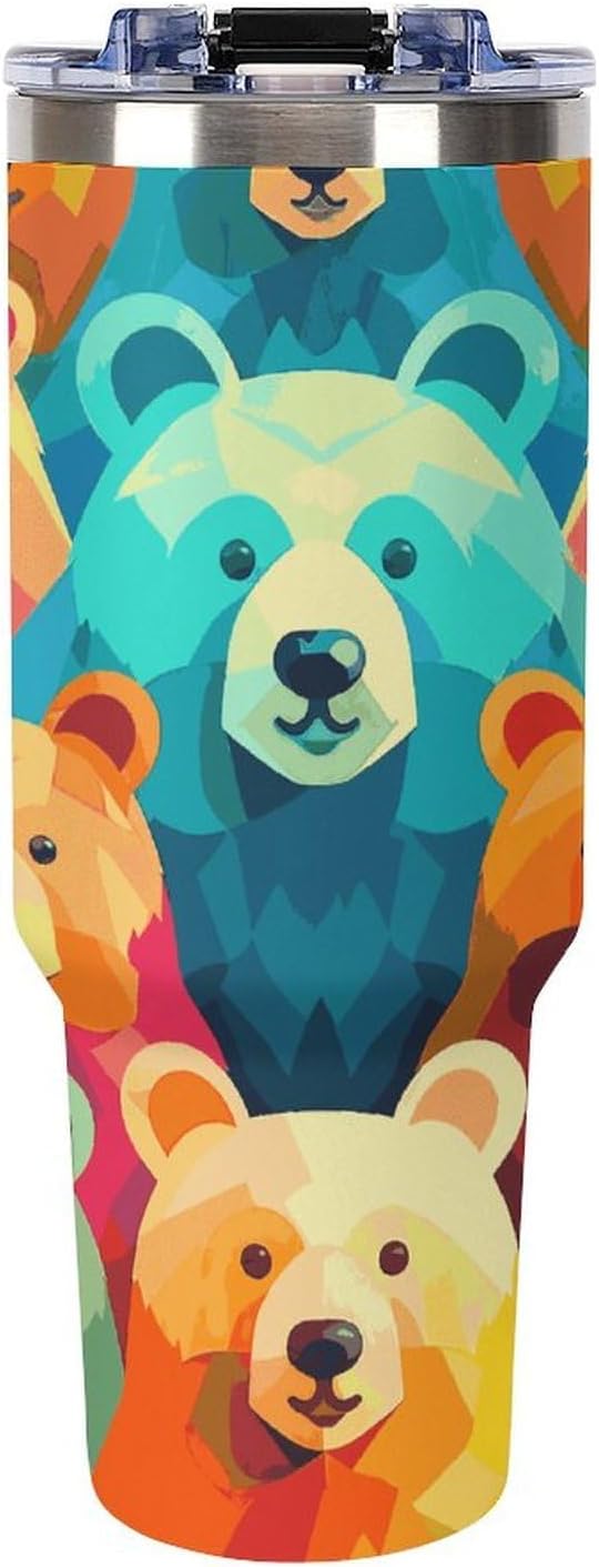 Colorful Bears Tumbler 40 Oz with Handle&Lid Large Car Cup Stainless Steel Vacuum Travel Mug Insulated Water Bottle Leak-proof Portable Coffee Cup for Home Car Outdoor