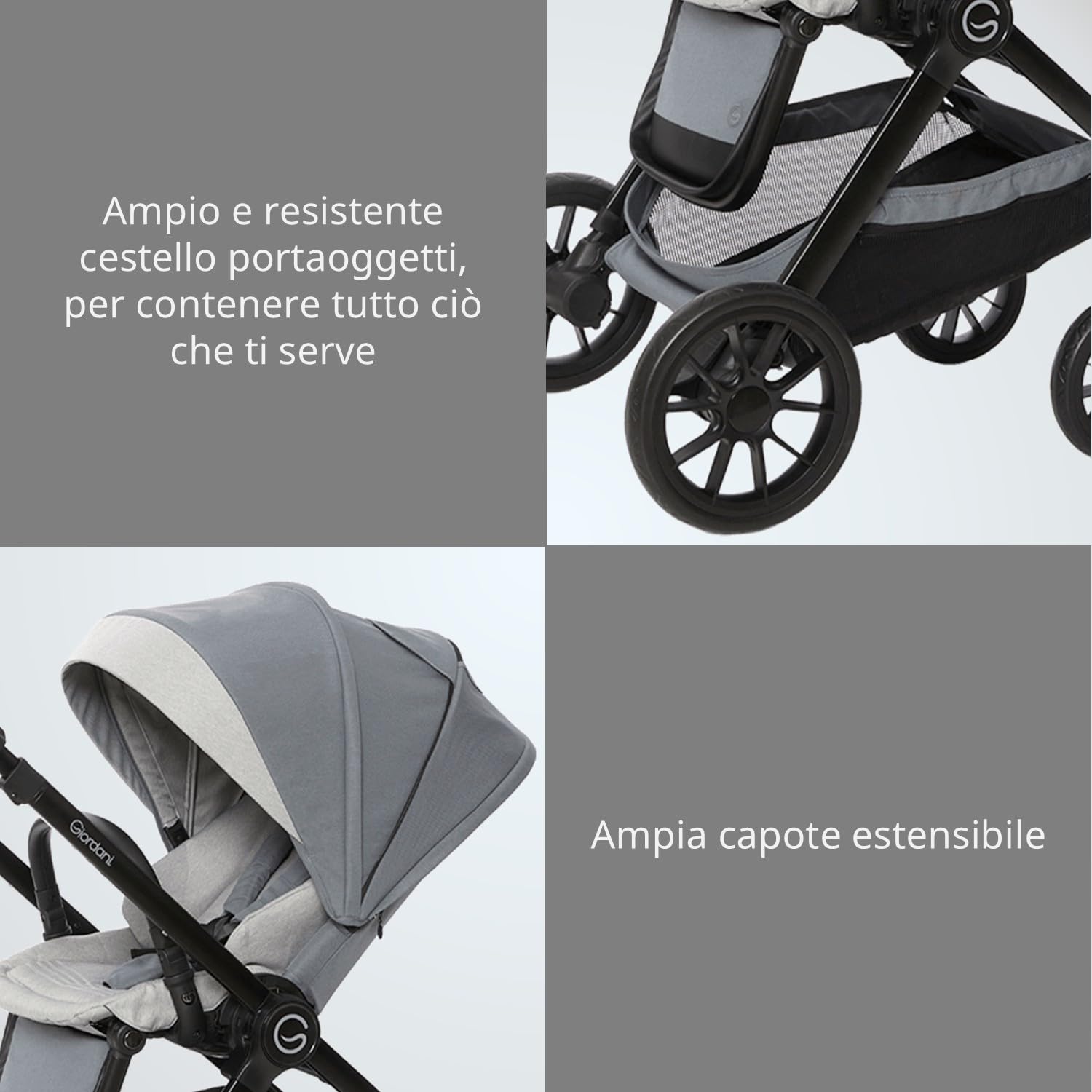 Giordani Trio Sistema Modulare G-Comfort, Passeggino Chiusura Automatica Fronte Mamma Strada 0-22kg, Navicella e Seggiolino Auto con Tasti Memory, Ruote Ammortizzate