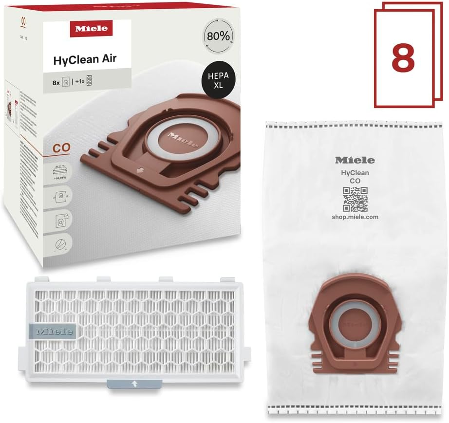 Miele HyClean Air CO Vacuum Cleaner Bags for Miele Guard M1 Vacuum Cleaners, Allergy XL Pack of 8 Vacuum Bags and 1 SF-HA 50 HEPA AirClean Filter – 12909760