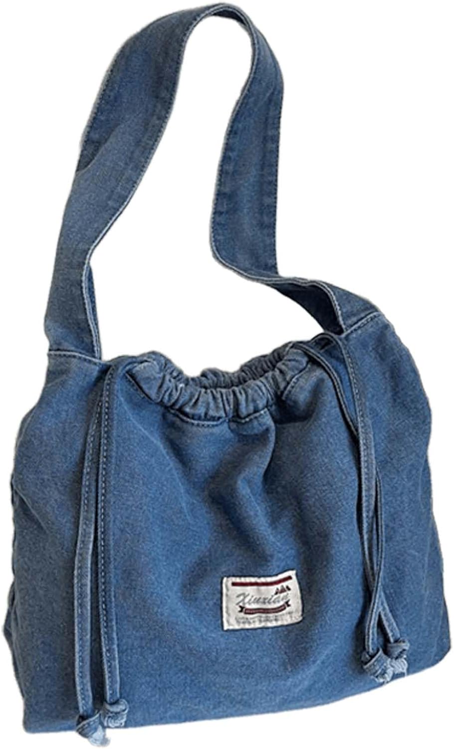Vintage Denim Tote Bag - Drawstring Crossbody Purse, Retro Washed Canvas Shoulder Handbag