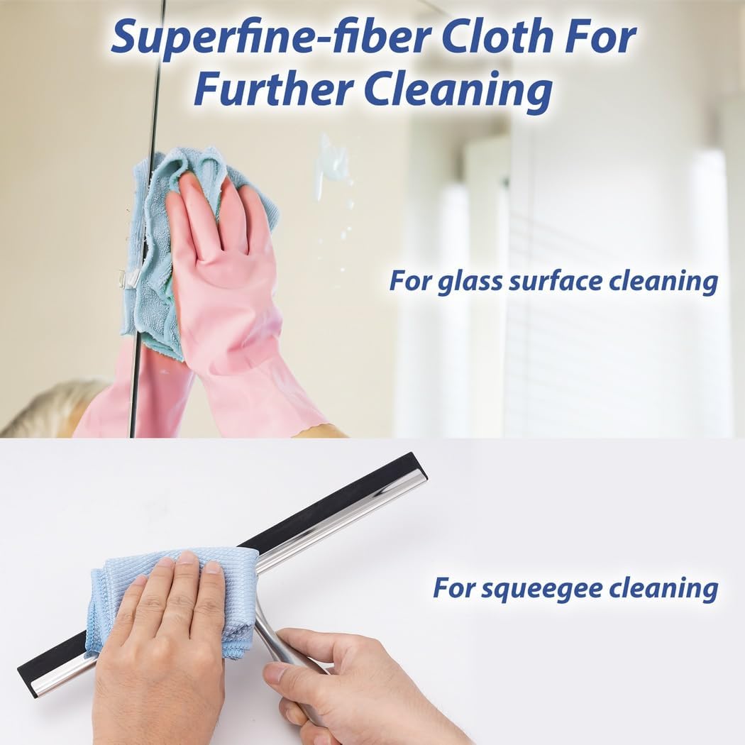 2-Piece Stainless Steel Shower Squeegee Set, 10” & 12”, with Microfiber Cloths and Wall Hooks for Glass Cleaning
