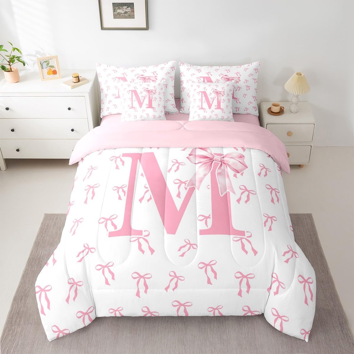 Erosebridal Kawaii Pink Bow 7 Pcs Comforter Set Full Girly Princess Ribbon Bedding Set for Kids Women Lady Romantic Initial M Letter Bed in a Bag Fantasy Monogram Bow Tie Sheet Set with Comforter