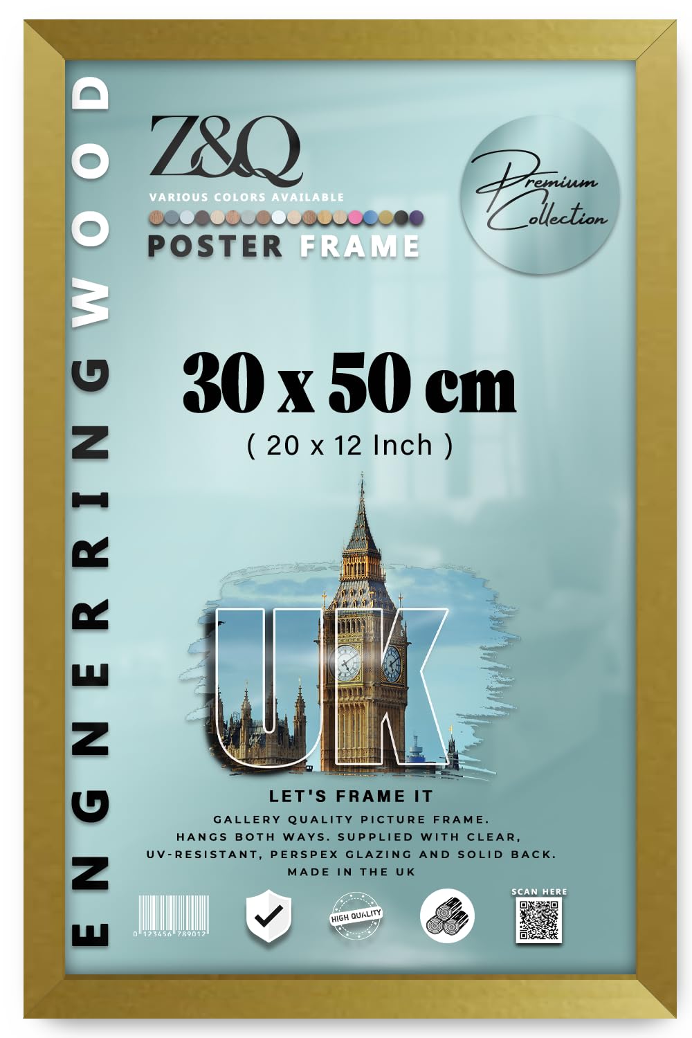Z&Q | Home & Office MDF Wall Frame (30 x 50 CM) Sturdy Wooden Finish, Certificate Holder 12 Inch x 20 Inch Minimalist Art Frame, 300 x 500 mm [ Gold ]