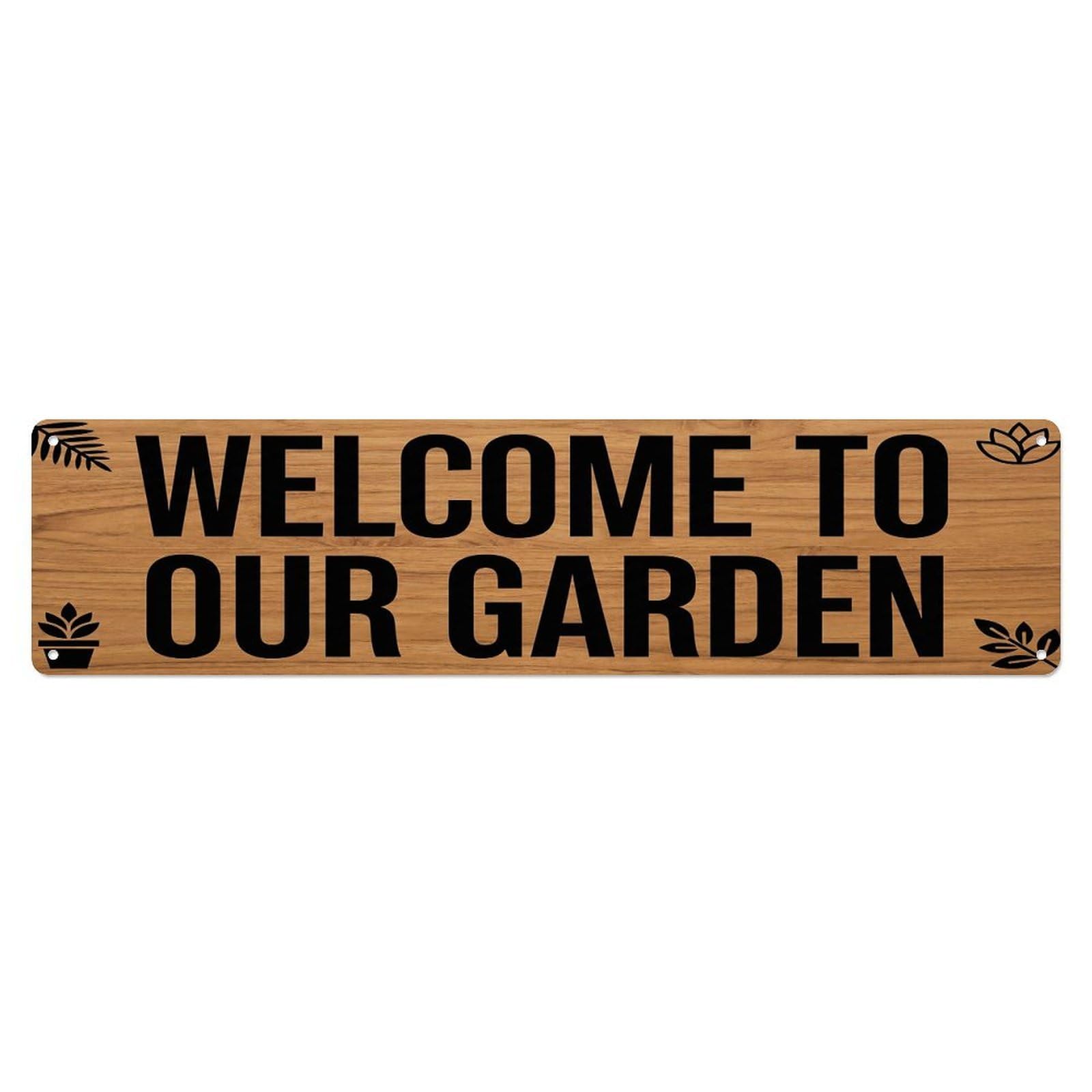 Vintage Welcome to Our Garden Teak Wood Metal Tin Sign