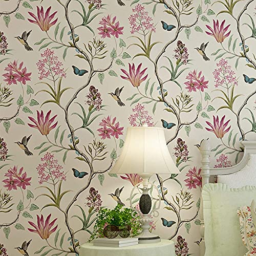 JFIA65A Papel Tapiz Floral Vintage Rústico Papel Tapiz Verde No Tejido con Flores Y Pájaros Estilo Pastoral, Papel Tapiz Fondo TV para Sala Estar Y Dormitorio, Adhesivo Pared para Decoración Hogar