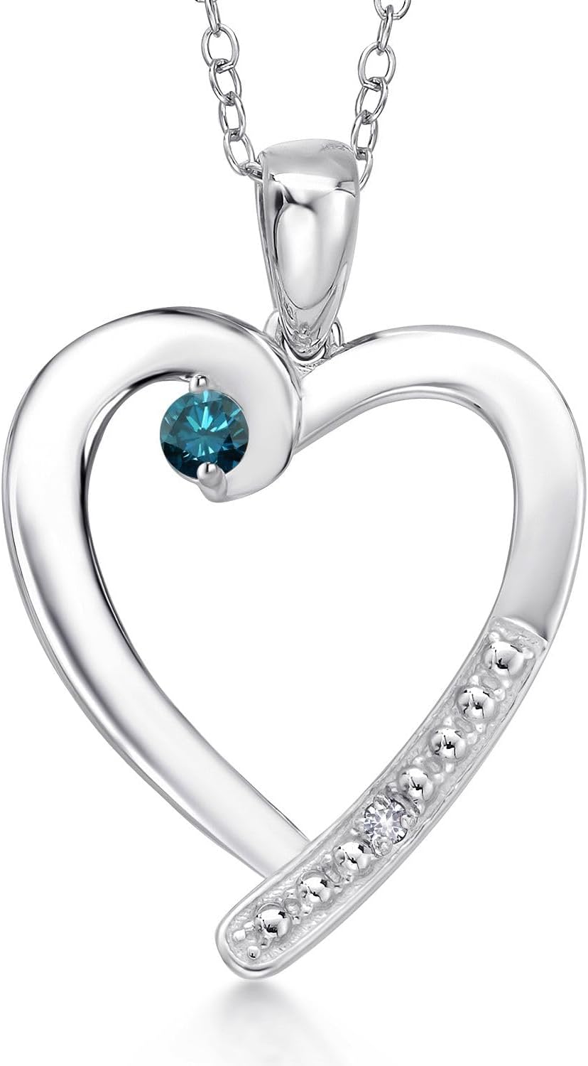 Gem Stone King 925 Sterling Silver Blue Diamond and White Created Sapphire Heart Pendant Necklace for Women | 0.17 Cttw | Gemstone April Birthstone | Round 3.5MM | With 18 Inch Chain