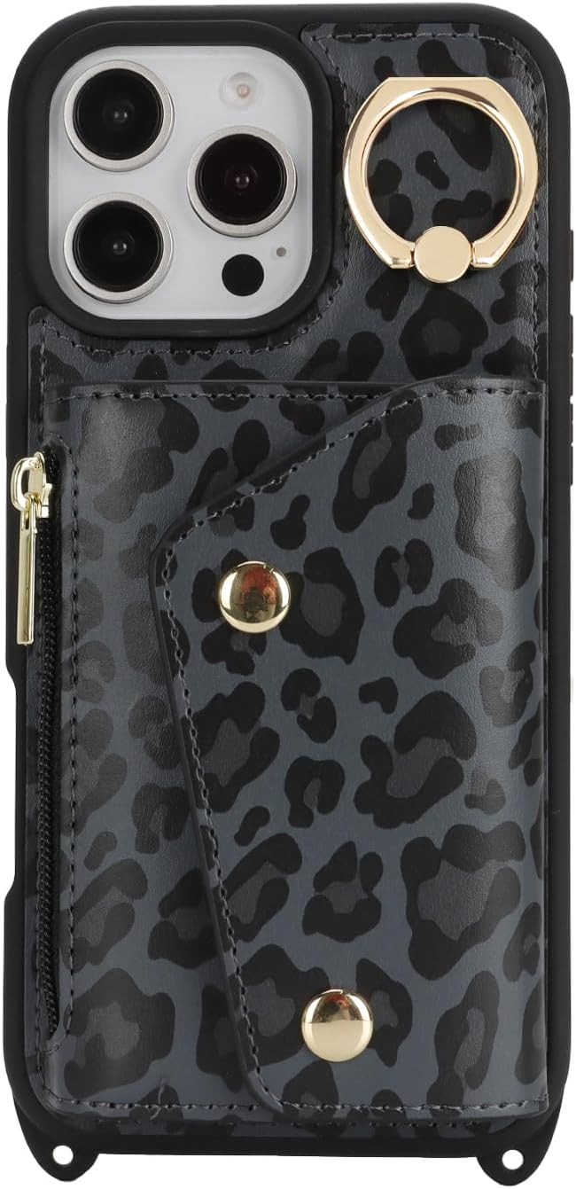 Lipvina for iPhone 16 Pro Max Case with Card Holder and Strap - Zipper Pocket,Crossbody Lanyard Strap,Credit Card Holder,Stand Ring,Cute Phone Wallet Case for Women(Black Leopard,6.9 Inch)