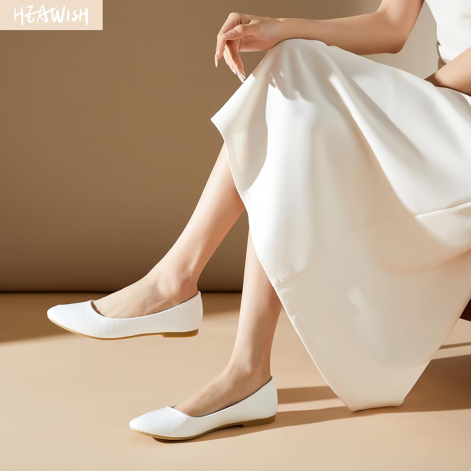 HEAWISH Womens Dress Shoes White PU Leather Ballet Flats for Women Slip On Office Womens Flats Comfortable Dressy
