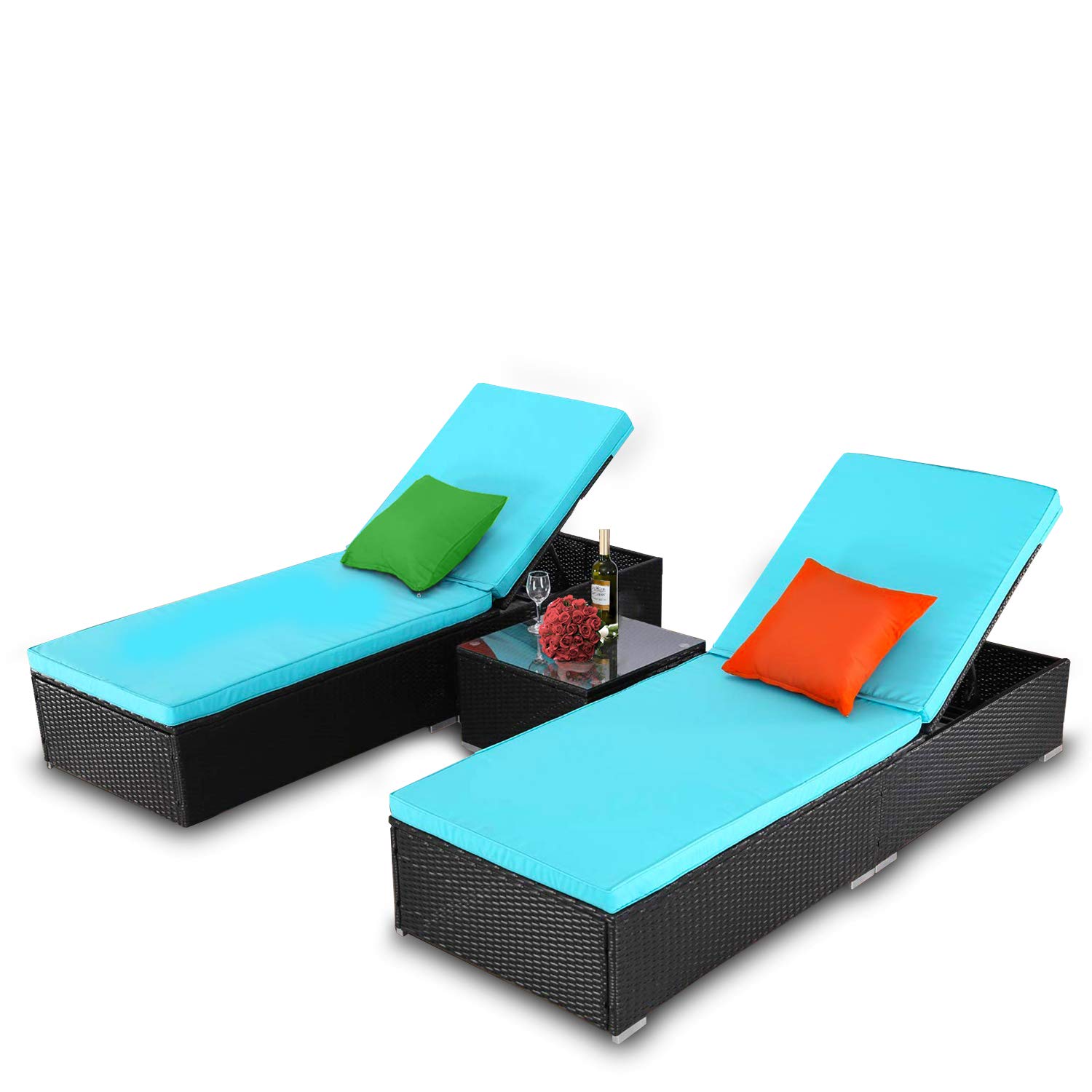 TUSY 3 Piece Patio Chaise Lounge Sets, Outdoor Rattan Lounge Chairs with Table, Adjustable Back, Rattan Furniture and Blue Cushion
