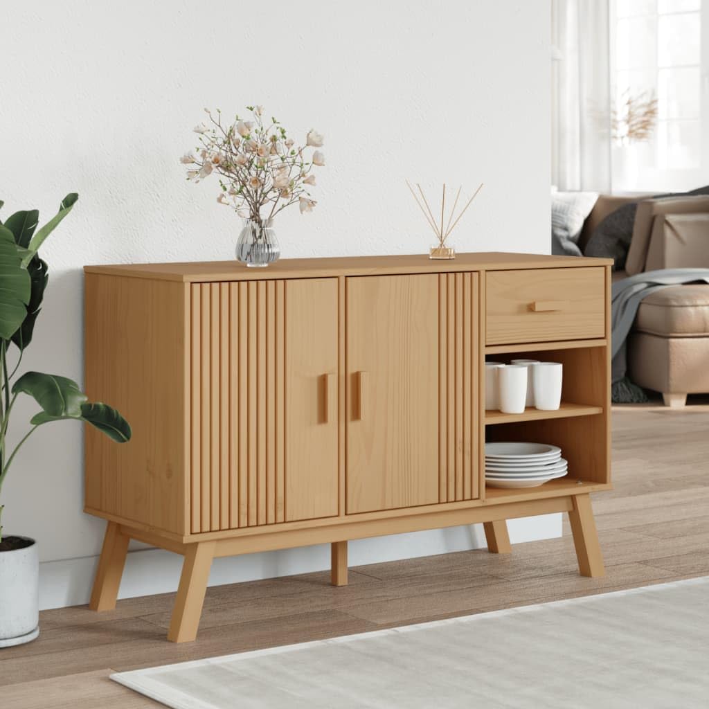 Scandinavian Solid Pine Wood Sideboard with Brown Finish, 1 Drawer and 2 Doors for Ample Storage, Rustic Rectangular Cabinet for Living Room Hallway