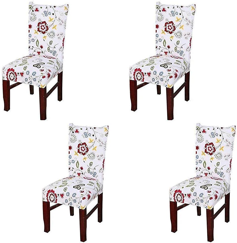House of Quirk Elastic Chair Cover Stretch Removable Washable Short Dining Chair Cover Protector Seat Slipcover - White Red Flower (Pack of 4)