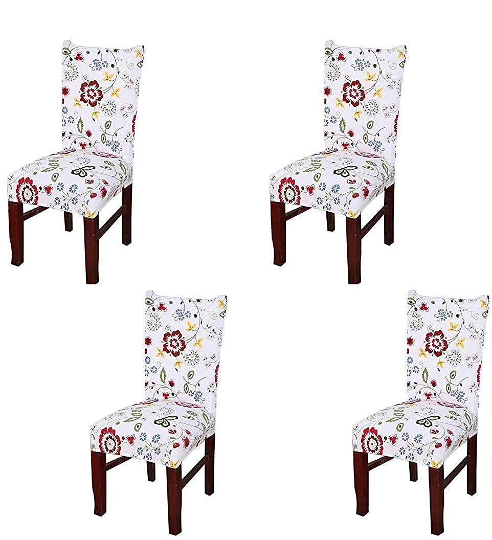 House of Quirk Elastic Chair Cover Stretch Removable Washable Short Dining Chair Cover Protector Seat Slipcover - White Red Flower (Pack of 4)