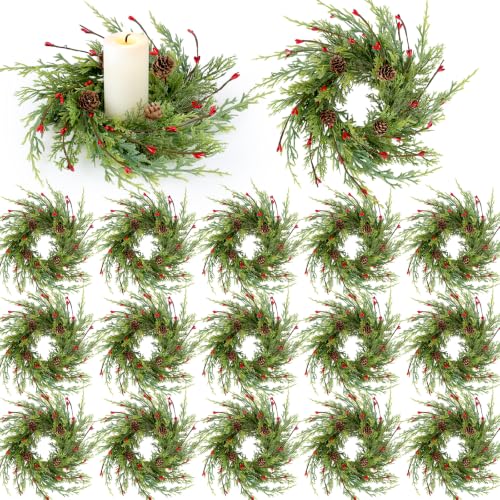 Image of 18 Pcs Artificial Christmas Candle Rings 9 Inch Cedar Pine Garland Wreaths with Red Berries Pinecones Wreaths Pine Needles Candle Ring Holder for Christmas Winter Decorations Table Centerpiece
