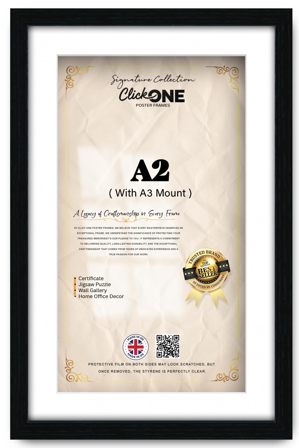 Click One Classy Medium Rectangle A2 41.90 X 59.40 Cm With A3 29.70 X 41.90 Cm White Mount Poster Picture Solid Engineered Wood Finish For Portrait Or Landscape Display 23 X 16 Inch Black