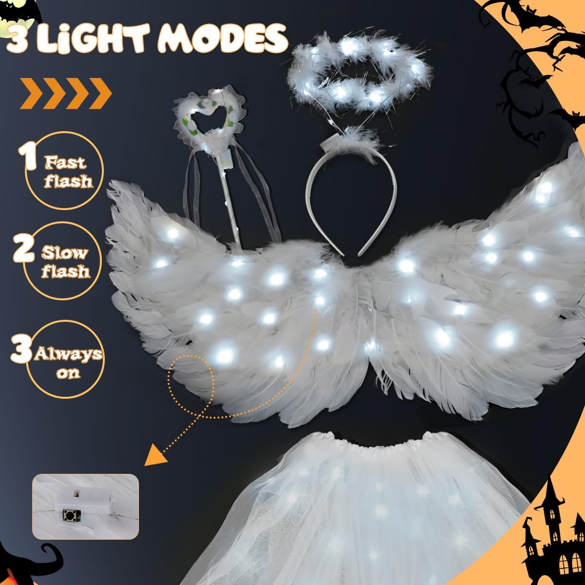 VillbeCoser Angel Wings Costume for Girls, Light Up Angel Wings, Halo Headband, Tutu Skirt, Fairy Wand All Come with LED Lights for Kids Halloween Cosplay Dress Up Party 4Pcs (Cool-Light)