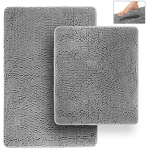 Tafts Bathroom Rugs, Extra-Thick Memory Foam Bath Mat, Ultra-Soft Chenille Microfiber, Highly Absorbent, Machine Washable, Shaggy Bath Mats for Bathroom, Non-Slip (21x32 + 20x22, 2pcs) Grey