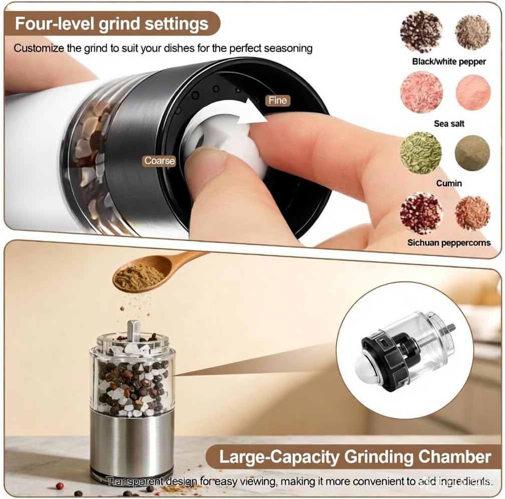 Electric Salt and Pepper Grinder Set, Adjustable Coarseness & Rechargeable, 110ml 2-Pack White Ceramic Core Grinders, Housewarming & Birthday Gifts for Women, Kitchen Gadgets