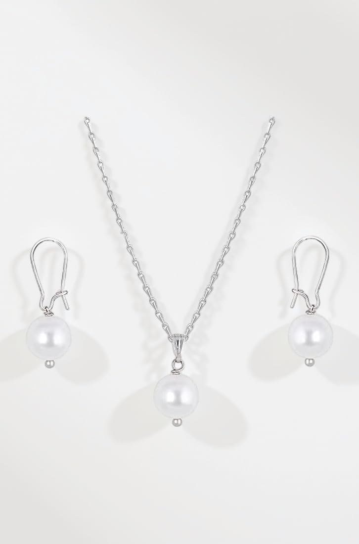 Jewellery for Less Classic Stylish Trendy Silver Plated Designer Japanese Pearl Pendant Set with Drop Earrings and Chain for Women & Girls Office and Casual Wear