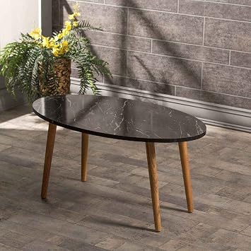 GOLDFALEZ Middle Coffee Table Wooden Lathe Ellipse Black Marble Pattern