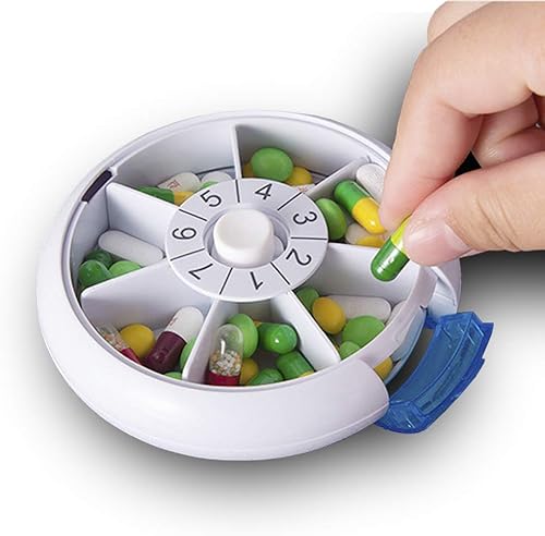 Miniatura 6 de SZREDU - Pastillero redondo para medicina, pastillero diario 1 vez al día, organizador giratorio de 7 días, organizador semanal de vitaminas,