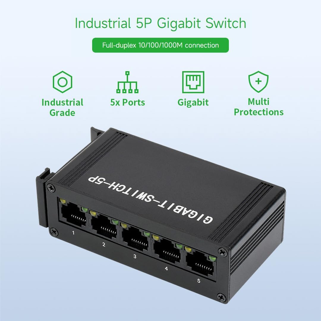 Waveshare Industrial Grade 5P Gigabit Ethernet Switch IEEE 802.3X-Compliant Full-Duplex 10/100/1000M Connection DIN Rail Mount