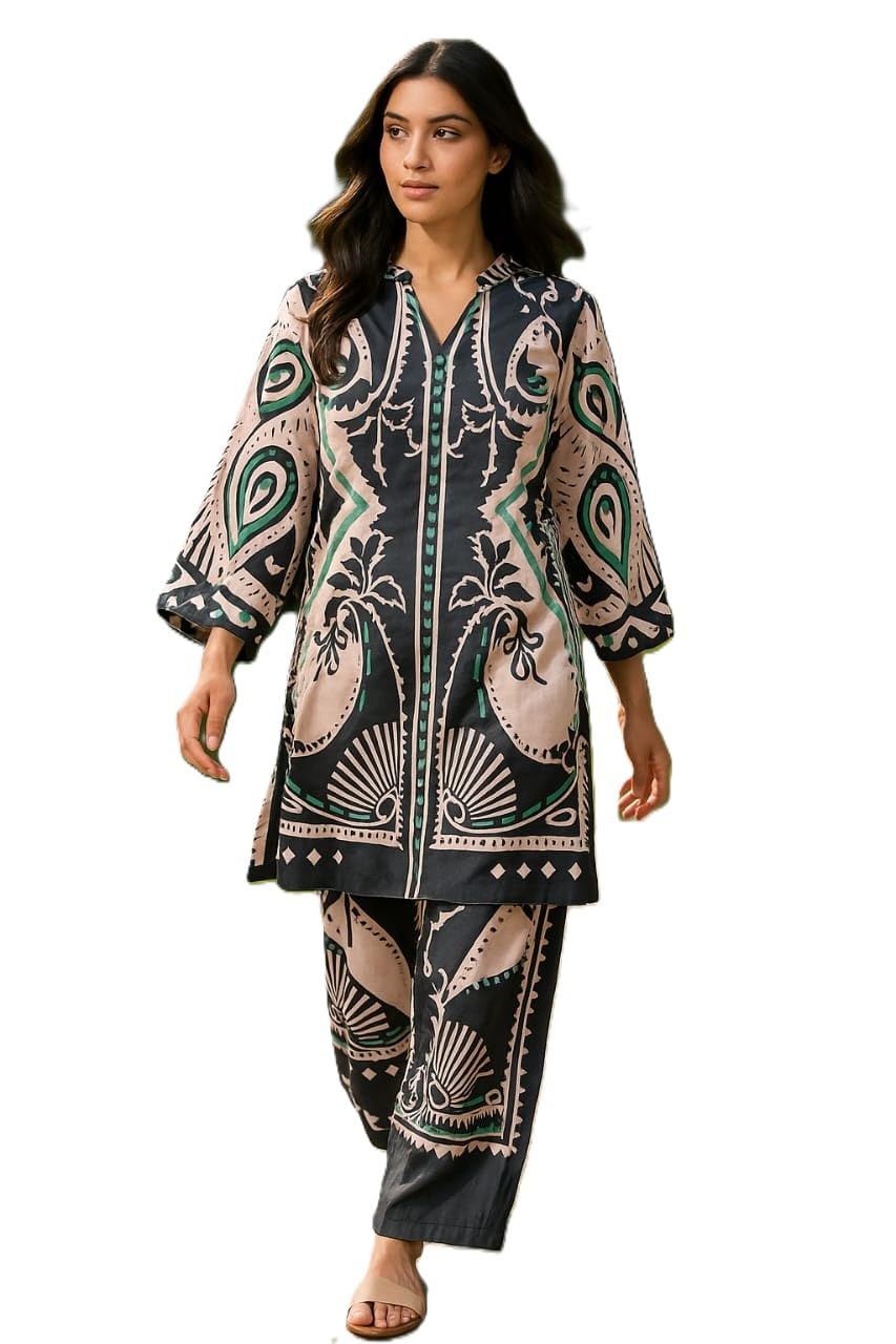 Co-ord Set for Women | Japan Satin Silk with Stylish Digital Prints | Full Sleeves Top (38") & Palazzo Pants (40") | Elegant Daily & Casual Wear | Black and Cream