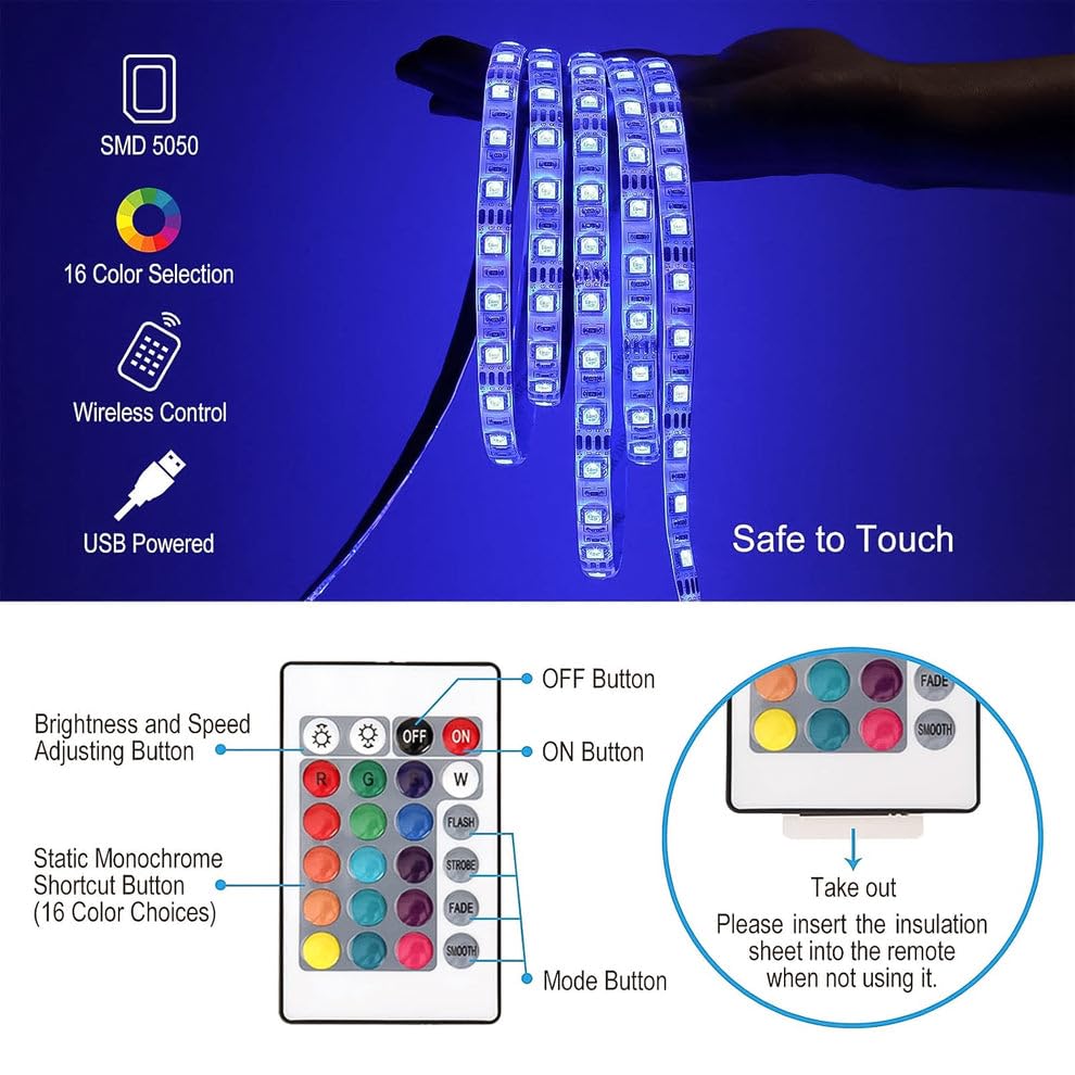 Image of RGB LED Strip Lights 3 Meter with Remote Control | USB Powered Multi-Color LED Light Strip | Waterproof Mood Lights for TV, Bedroom, Gaming Setup, Home Decoration & Party Decor