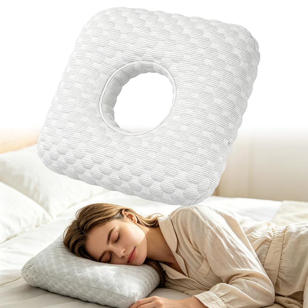 HOVCEH Ear Piercing Pillow, Ear Pillow, Pillow with Hole for Ear, Adjustable Ear Pillow with Hole for CNH and Ear Pain Side Sleepers, Avoid Earpain from Pressing, Washable (Quadrat weiß)