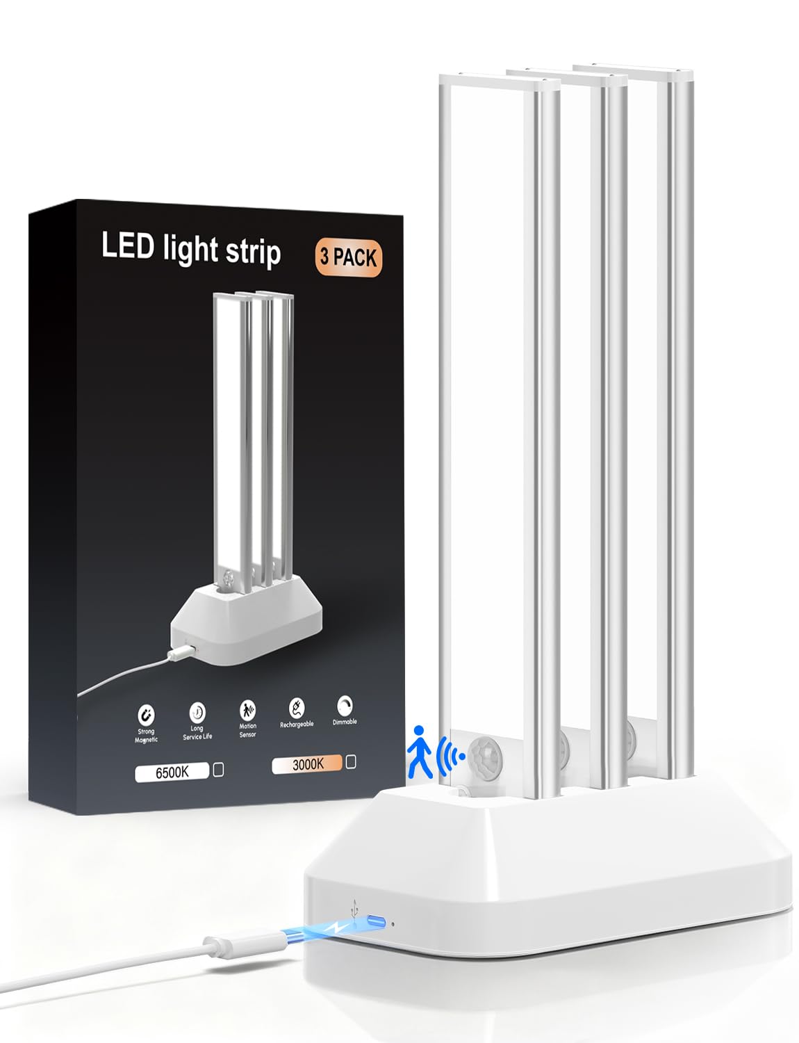 3-Pack Under Cabinet Kitchen Lights with Charging Station, Rechargeable 2000mAh LED Motion Sensor Lights Indoor, Wireless Magnetic Dimmable USB Under Counter Lights for Shelf Stairs Wardrobe Closet