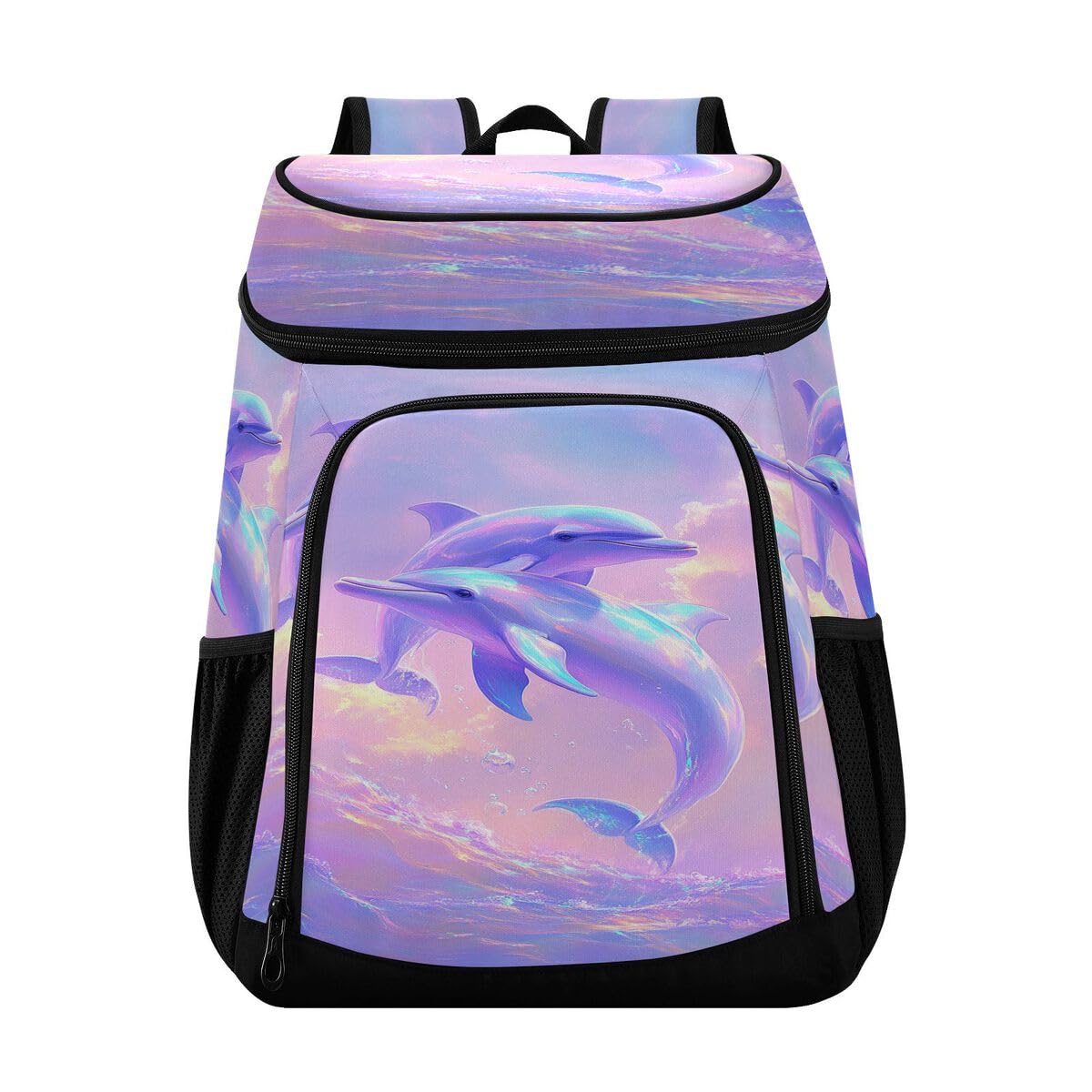 Dolphin Ocean Bubbles Purple Cooler Backpack Leakproof Insulated Lunch Cooler Bag 30 Cans Camping Backpacks for Men Women