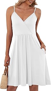 Sommerkleid Damen Spaghetti-Träge V-Ausschnitt Freizeitkleid Strandkleid mit Taschen