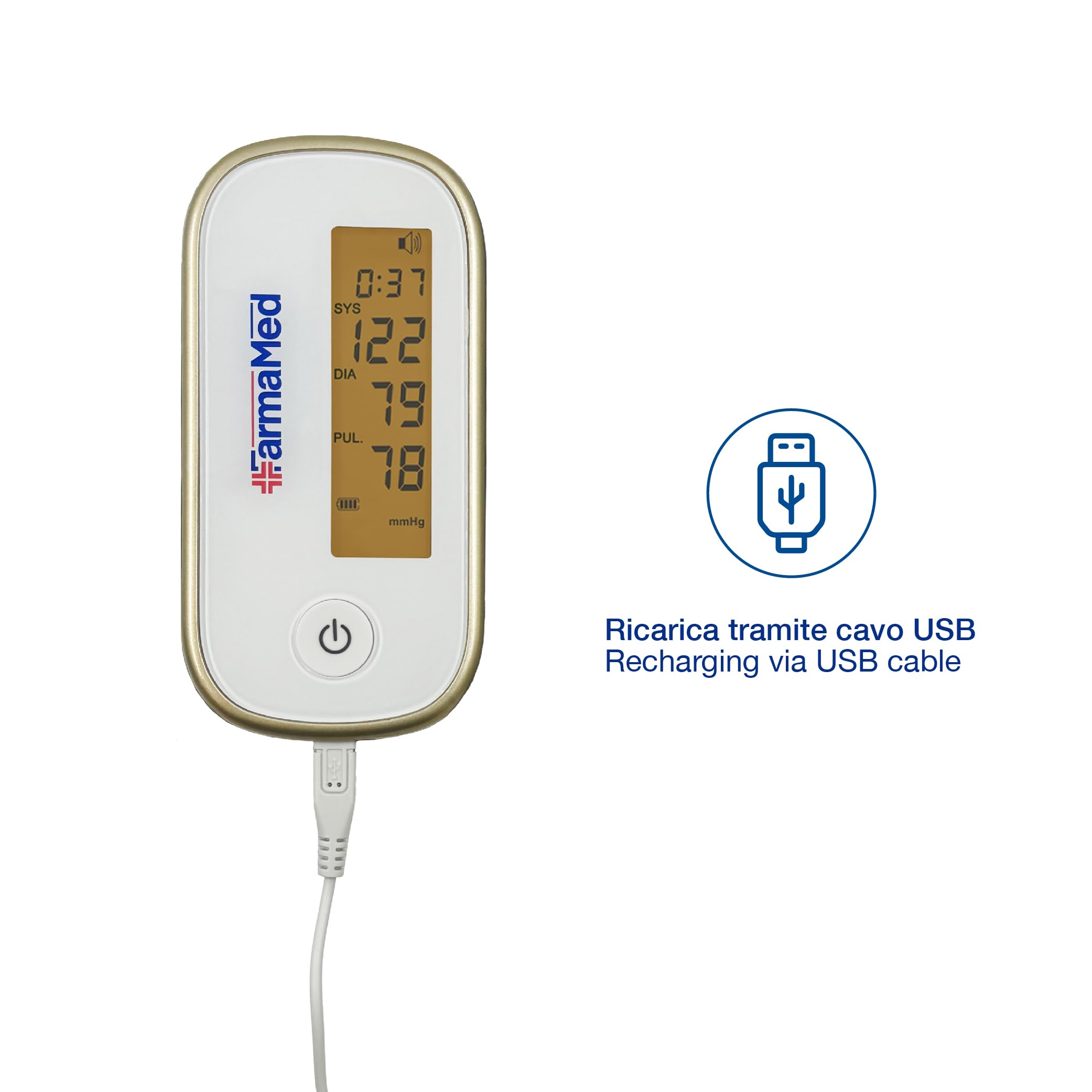 Tensiómetro digital sin cable para el brazo FarmaMed, esfigmomanómetro digital para el brazo, diastólica y sistólica, frecuencia cardiaca, 90 memorias, pantalla LCD, carga USB, con estuche