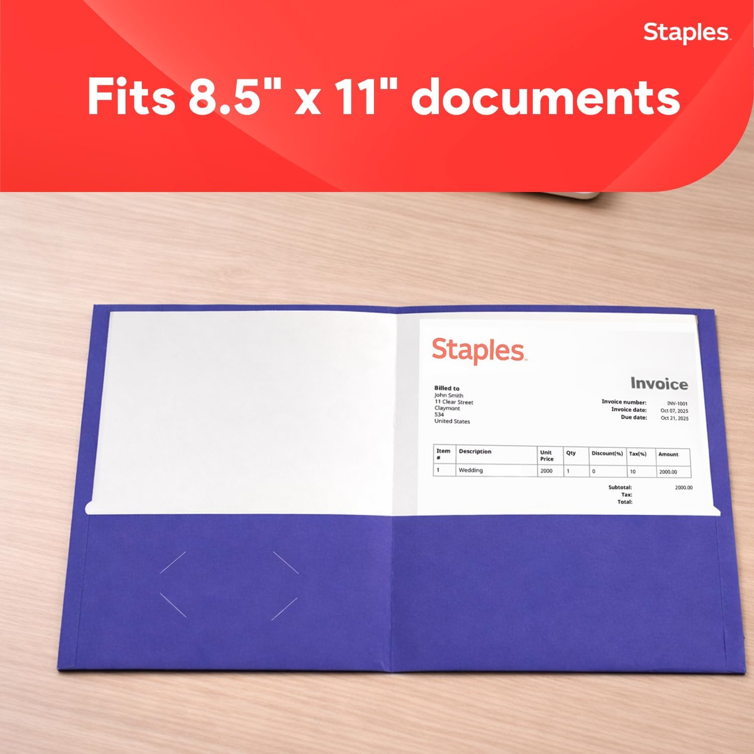 Staples 2‑Pocket Paper Folders, Indigo, Durable Letter‑Size Cardstock, Ideal for School & Office Organization, 25/Pack
