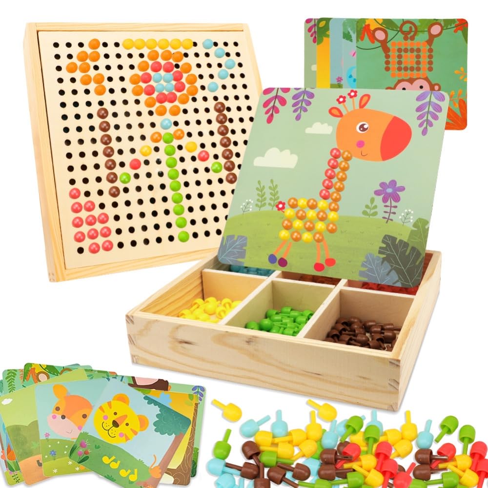 RANJIMA Juego de mosaico para niños, juguetes a partir de 2, 3, 4, 5 años, mosaico de madera, juego de manualidades para niños, tenedores con cuentas, regalos 3D para niños, niñas, Navidad, animales